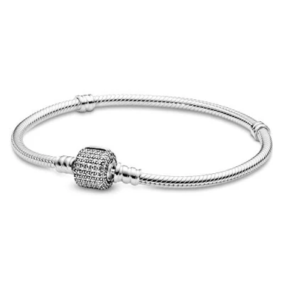 Image of PANDORA Moments Women&#039;s Sterling Silver Sparkling Pavé Clasp Snake Chain Bracelet for Charms, Size 17, No Box