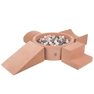 Image of KiddyMoon Foam Playground Velvet For Kids With Round Ballpit (200 Balls ∅ 7Cm/2.75In) Soft Obstacles Course And Ball Pool, Made In EU, Desert Pink:Pastel Beige/Grey/White
