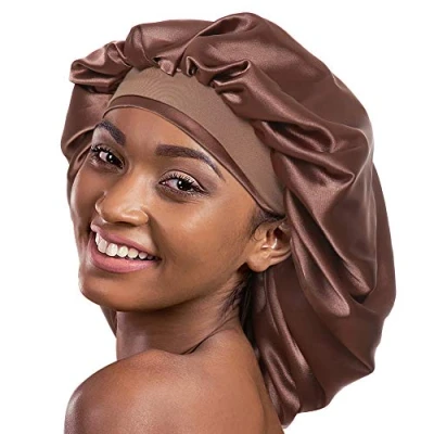 Image of Alnorm Satin Sleep Caps for Women Curly Hair Night Hat Coffee