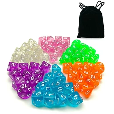 Image of 60pcs Assorted Colored Translucent D10 (1 10) Pack, 6X10pcs 10 Sides Dice Transparent Polyhedral Set in Black Velvet Pouch