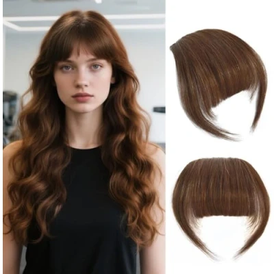 Image of Hair Clip in French Human Bangs Pieces for Women Fringe Extensions with Temples Party and Daily Wear（French Bangs,Light Brown）