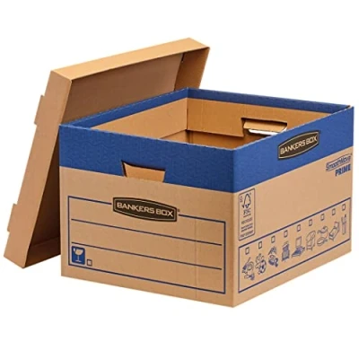 Image of 10 BANKERS BOX Large Strong Moving Boxes, 37L FastFold SmoothMove Cardboard Heavy Duty Double Wall Boxes for House with Handles 39cm x 33cm 29cm (Pack of 10), Brown