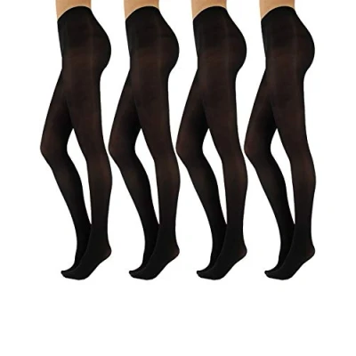 Image of 4 PAIRS WOMAN OPAQUE TIGHTS SOFT MICROFIBER PANTYHOSE BASIC STRETCHY WITH NUDE BRIEF AREA BLACK 50 DEN MADE IN ITALY (L/XL, Black)