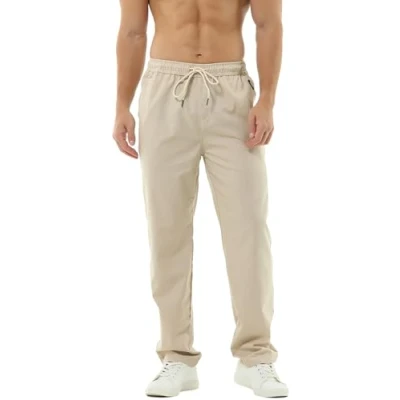 Image of HOEREV Men Casual Beach Trousers linen jean jacket Pants XXX Large Beige