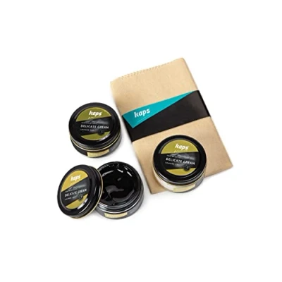 Image of Kaps Professional Boot and Shoe Polish Cream with Cotton Cloth Set of 3 Dark Brown/Transparent/Black 50 ml./1.69 Oz. Each. Made Natural Wax. For Synthetic Leather Footwear Care