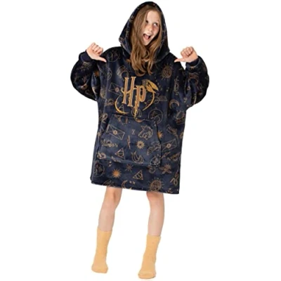Image of Harry Potter Girls Wearable Blanket Hoodie Childrens Hooded Sherpa Fleece Pullover HP Hogwarts Kids Lined Loungewear with Pockets Wizard Movie Merchandise