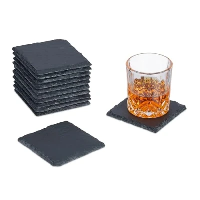 Image of Relaxdays Set of 12 Slate Coaster, Rectangular Trivet, Glass, 10 x cm, for Raclette, Small Snack &amp; Drinks, Anthracite