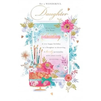 Image of Words &#039;n&#039; Wishes Wonderful Daughter Birthday Card Flowers, Butterflies and Cake with Sentiment Verse Foiled Flitter Details Eco Friendly