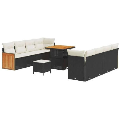 Image of vidaXL 11 Piece Garden Sofa Set with Cushions Black Poly Rattan Acacia