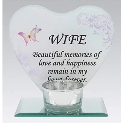 Image of Wife Glass Heart Memorial Plaque Tealight Candle Holder Floral
