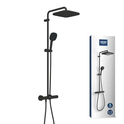 Image of GROHE Vitalio Comfort 250 Exposed Thermostatic Shower System with Aquadimmer Function (Square 25 cm Head 1 Spray, 11 Hand 2 Sprays, Hose 1.75 m, Water Saving), Matt Black, 266962431