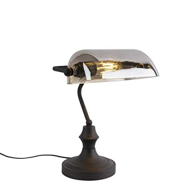 Image of Qazqa Classic Notary lamp Black with Smoked Mirror Glass Banker I Antique Suitable for LED E27 1 Light Table Living Room Bedroom