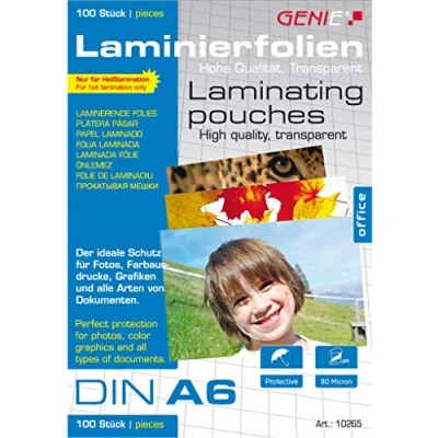 Image of Genie 10265 (Glass Clear Laminating Pouches 80 Micron for Sizes up to DIN A6, Suitable All Heat Nier Devices) Pack of 100