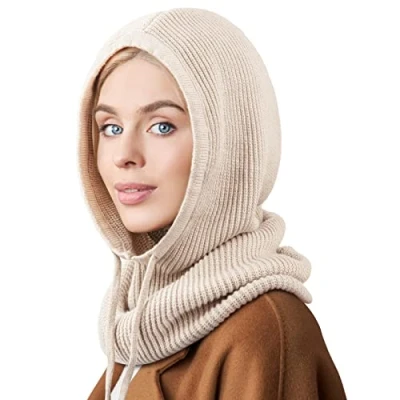 Image of DRESHOW Winter Hats for Women Balaclava Knit Beanie Skull Cap with Drawstring Warm Hooded Scarf Hat