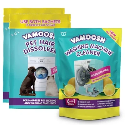Image of Vamoosh Pet Hair Dissolver (2x 100g Sachet) &amp; 6 in 1 Washing Machine Cleaner (1x 150g Remover Bundle, Removes Hair, Cleans Bed Machine, 3 Washes