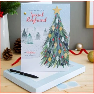 Image of Hallmark Medium Luxury Boxed Christmas Card for Special Boyfriend Classic Winter Scene with Tree Design