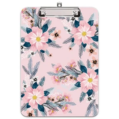 Image of Hnogri Plastic Clipboard A4, Fashion Design A4 Letter Size Clipboards &amp; Forms Holders for Office Supplies Lawyers,School Students and Kids, Low Profile Clip Cute Folder, Pink Flower