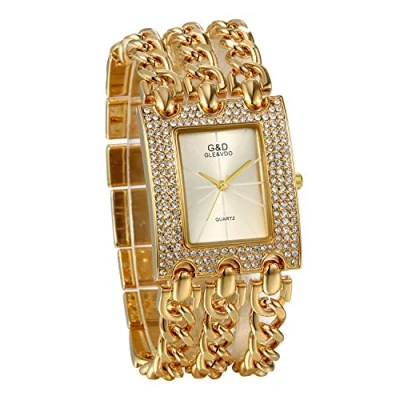 Image of JewelryWe Womens Simple Square Dial Quartz Watch Rhinestone Gold Tone Case Chain Band Wrist