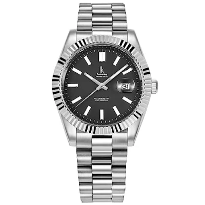Image of Alienwork Watch Men Women Silver Stainless Steel Metal Strap Calendar Date Black Classic Elegant