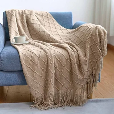 Image of LumiSyne Knitted Throw Blanket With Tassel Solid Color Geometric Plaid Pattern Cozy Couch Cover Soft Bedspread Decorative For Sofa Bed Settee 170x130cm