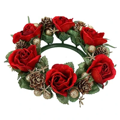 Image of Gisela Graham Christmas Candle Ring Red Rose for 3&quot; Pillar