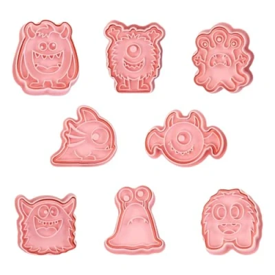 Image of 8 Pcs Halloween Cookie Cutters Monster Shape Stamp Set, 3D Cutters, Cartoon Biscuit Cutter DIY Fondant Pastry Cake Decoration, Kids Baking Set