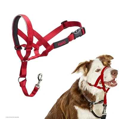 Image of HALTI Headcollar Size 2 Red, UK Bestselling Dog Head Harness to Stop Pulling on the Lead, Easy Use, Padded Nose Band, Adjustable &amp; Reflective, Professional Anti Pull Training Aid for Medium Dogs