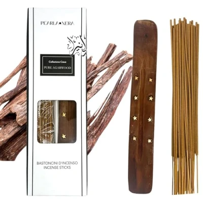 Image of Pearla Nera Pure Agarwood Incense Sticks with Wooden Holder 40 for Aromatherapy, Meditation, Healing, Spirituality and Relaxation