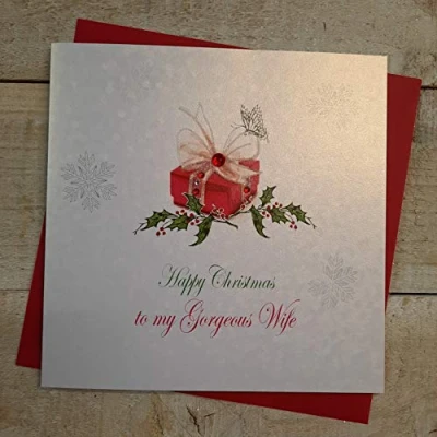 Image of White cotton cards X102 Happy Christmas Gorgeous Wife Handmade Card,