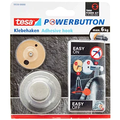 Image of tesa Powerbutton Universal Self Adhesive Hook Round Chrome Plated Metal Bathroom Towel Holder Max Load 6 kg