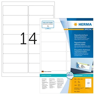 Image of HERMA Self Adhesive Removable Labels, 14 Labels per A4 Sheet, 100 Sheets, 99.1 x 38.1 mm, 1400 Blank Multipurpose Stickers, Sticky for Laser &amp; Inkjet Printer, White