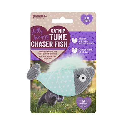 Image of Rosewood Jolly Moggy Catnip Tune Chaser Fish Interactive Cat Toy with Motion Activated Sounds and for Stimulating Play Entertainment