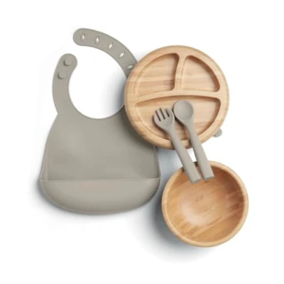 Image of Mamas &amp; Papas 4 Piece Bamboo Weaning Starter Kit Baby Plate and Bowl with Suction, Cutlery Adjustable Bib for Ages 6 18 Months Truffle