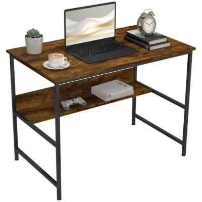 Image of HOMCOM Computer Desk with Storage Shelf, 100 x 60cm Home Office Metal Frame, Study Table, Easy Assembly, Rustic Brown