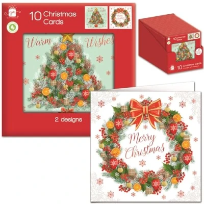 Image of Tom Smith Giftmaker Pack 10 Square Christmas Cards 2 Festive Tree &amp; Wreath Designs 14cm