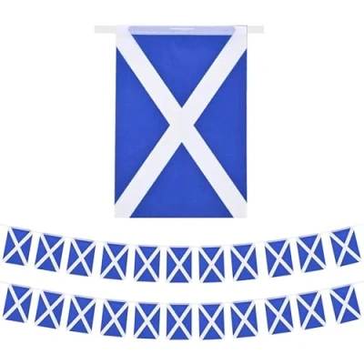 Image of SHATCHI 30ft/9m Fabric Scotland St Andrew&#039;s Saltire Scottish Rugby Bunting 30 Flags Football Cricket Support Decorations World Cup Banner Blue and White Cross 1107