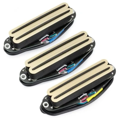 Image of Musiclily Pro ST DPHC Ceramic Dual Single Coil Sized Humbucker Super Distortion Neck Middle Bridge Pickups Set for Strat Style Electric Guitar, Cream Body Black Rail