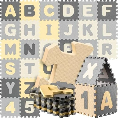 Image of Spielwerk® 86 Piece Childrens&#039; Puzzle Play Mat Baby Toddler Kids 3.3 m² EVA Foam Floor Protection Crawling 29.5x29.5cm Letters Numbers ABC Learning Carpet XXL Grey