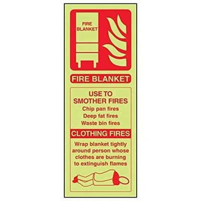Image of V Safety Glow In The Dark Fire Blanket Id Extinguisher Sign 100mm x 280mm Self Adhesive Vinyl