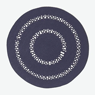 Image of HOMESCAPES Navy Blue Crochet Rug Handwoven Cotton Braided Mat Reversible 90 cm Round for Living Room &amp; Bedroom