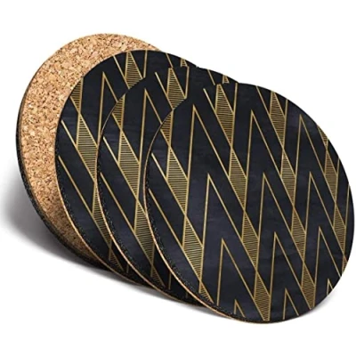 Image of Sawfish® Coasters (Set of 4) Round Black &amp; Gold Geometric Art Deco Drink Glossy Coasters/Tabletop Protection for Any Table Type
