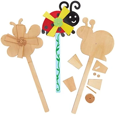 Image of Baker Ross FC709 Bug Wooden Windmills Pack of 4, Wood Craft Kits for Kids, Kids Painting Crafts, Garden Crafts