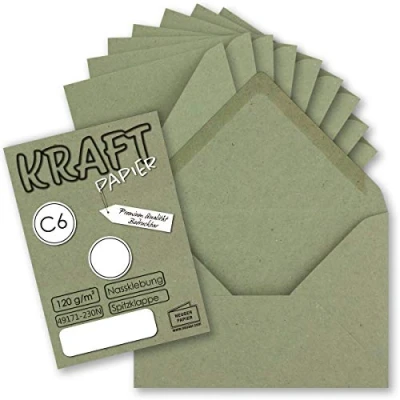Image of NEUSER PAPIER 75x Kraft paper envelopes DIN C6 green 11.4 x 16.2 cm without window vintage with wet glue pointed flap