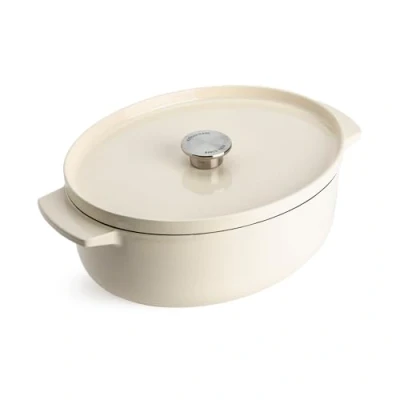 Image of KitchenAid Cast Iron Almond Cream Non Stick 30cm Oval Casserole Dish with Lid