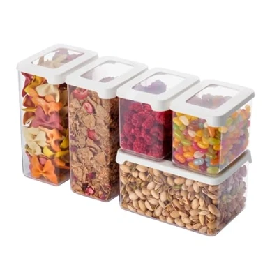 Image of SmartStore Clear Airtight Dry Food Containers with Lids Starter Set of 5 20% Biobased Plastic Storage Box Lid, BPA Free, Dishwasher Safe Kitchen 2x 0.8L, 1.6L, 1x 1.65L