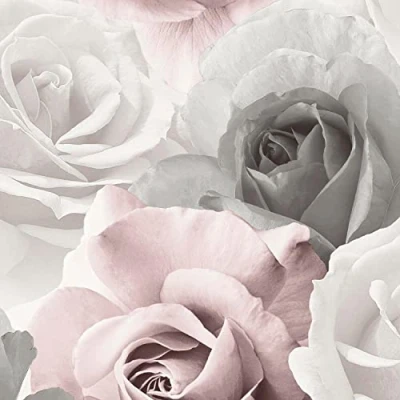 Image of Rhoda Rose Pink Wallpaper Floral Flowers Grey White Modern Contemporary Glamorous Feature Wall