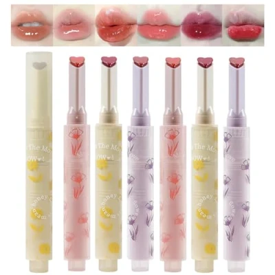 Image of Domality 6pcs Flower Jelly Lipstick Set, 6 Colors Heart Shape Moisturizing Lip Glaze, Glossy Hydrating Gloss, Mirror Effect Balm Makeup Pen for Fuller Lips