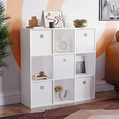 Image of Vida Designs Durham Cube Bookcase Storage Organiser Living Room Bookshelf Home Office Furniture (9 &amp; 5 White Baskets, White)