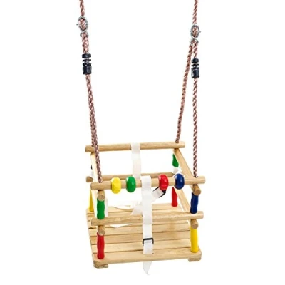 Image of Hardwood Baby Swing Seat (Beech) with Safety Harness and Play Beads Lovely Cradle for Garden or Nursery