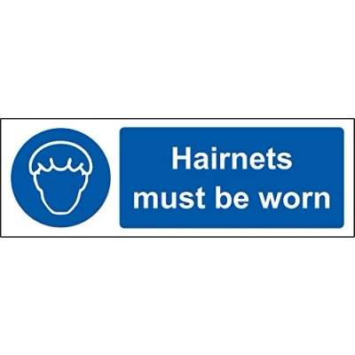 Image of Mandatory signs Hairnets must be worn Safety sign Self adhesive sticker 300mm x 100mm